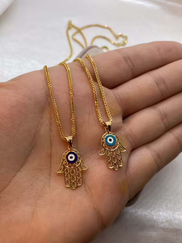 18k Gold Evil Eye Necklace 19.5",1.5mm , 18k Real Gold evil eye, Hamsa Pendant with foxtail necklace , For Her ,Gift For Her, Fatima Hand
