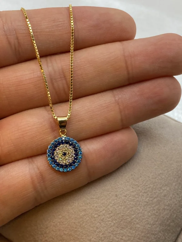 18k Gold Evil Eye Necklace 19.5",1mm , 18k evil eye Pendant with Box chain necklace ,Gift For Her, defense toward of the Evil eye