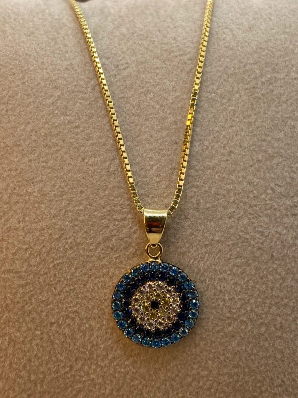 18k Gold Evil Eye Necklace 19.5",1mm , 18k evil eye Pendant with Box chain necklace ,Gift For Her, defense toward of the Evil eye