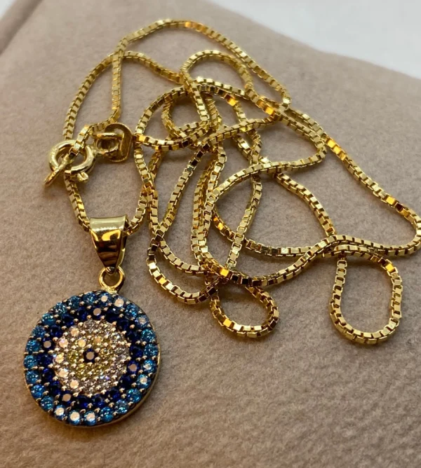 18k Gold Evil Eye Necklace 19.5",1mm , 18k evil eye Pendant with Box chain necklace ,Gift For Her, defense toward of the Evil eye