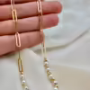 18k Gold paperclip necklace with pearl and Diamond cut orb design , cultured pearls ,paperclip chain necklace, oval link necklace