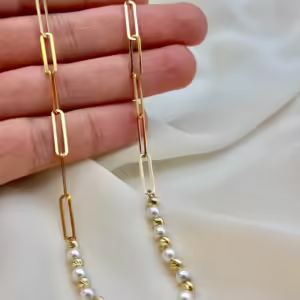 18k Gold paperclip necklace with pearl and Diamond cut orb design , cultured pearls ,paperclip chain necklace, oval link necklace